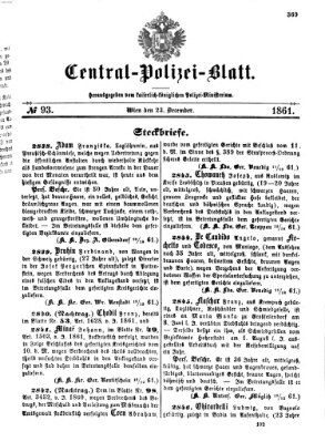 Zentralpolizeiblatt Montag 23. Dezember 1861