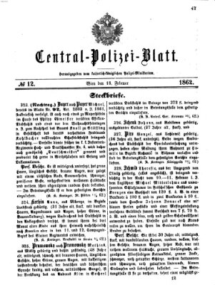 Zentralpolizeiblatt Dienstag 18. Februar 1862