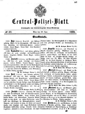 Zentralpolizeiblatt Freitag 20. Juni 1862