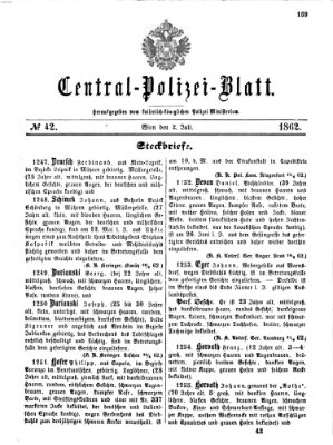 Zentralpolizeiblatt Mittwoch 2. Juli 1862