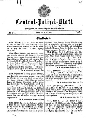 Zentralpolizeiblatt Montag 6. Oktober 1862