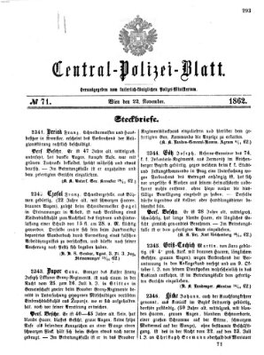 Zentralpolizeiblatt Samstag 22. November 1862