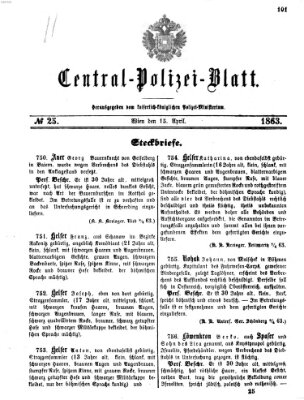Zentralpolizeiblatt Mittwoch 15. April 1863
