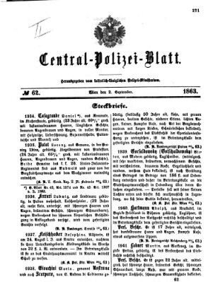 Zentralpolizeiblatt Mittwoch 2. September 1863