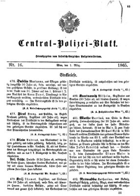 Zentralpolizeiblatt Mittwoch 1. März 1865
