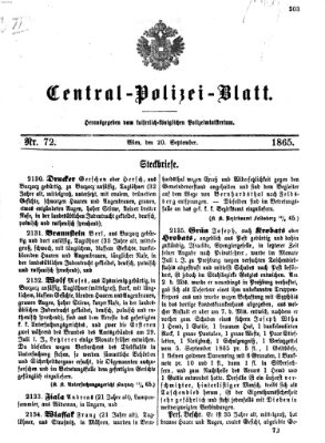 Zentralpolizeiblatt Mittwoch 20. September 1865
