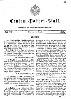 Zentralpolizeiblatt Mittwoch 20. Dezember 1865