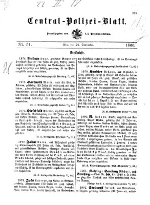 Zentralpolizeiblatt Mittwoch 26. September 1866