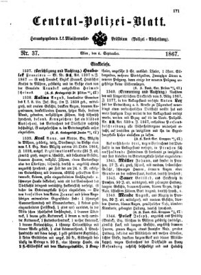 Zentralpolizeiblatt Mittwoch 4. September 1867