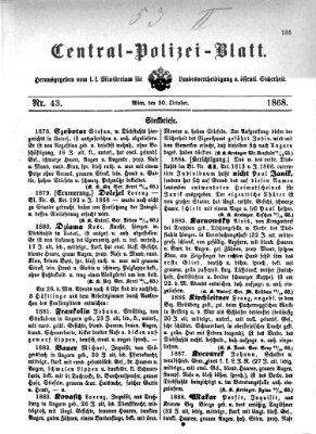Zentralpolizeiblatt Freitag 30. Oktober 1868