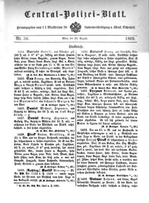Zentralpolizeiblatt Donnerstag 26. August 1869