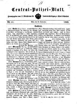 Zentralpolizeiblatt Dienstag 28. September 1869