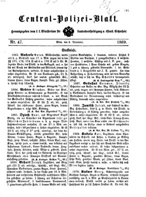 Zentralpolizeiblatt Mittwoch 3. November 1869