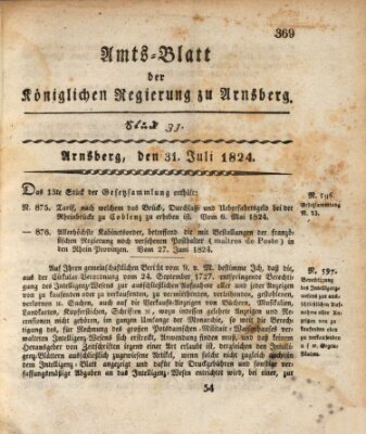 Amtsblatt für den Regierungsbezirk Arnsberg Samstag 31. Juli 1824