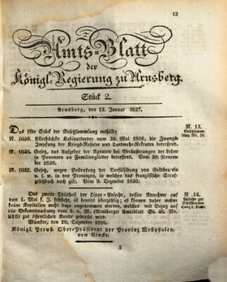Amtsblatt für den Regierungsbezirk Arnsberg Samstag 13. Januar 1827