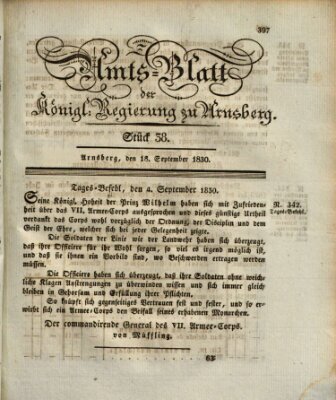 Amtsblatt für den Regierungsbezirk Arnsberg Samstag 18. September 1830