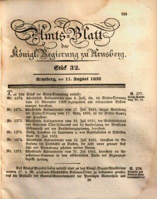Amtsblatt für den Regierungsbezirk Arnsberg Samstag 11. August 1832