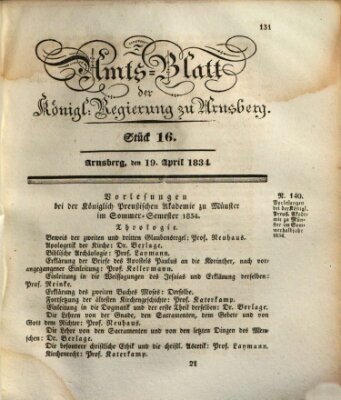Amtsblatt für den Regierungsbezirk Arnsberg Samstag 19. April 1834