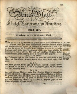 Amtsblatt für den Regierungsbezirk Arnsberg Samstag 13. September 1834