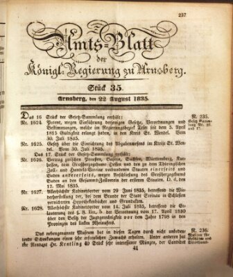 Amtsblatt für den Regierungsbezirk Arnsberg Samstag 22. August 1835