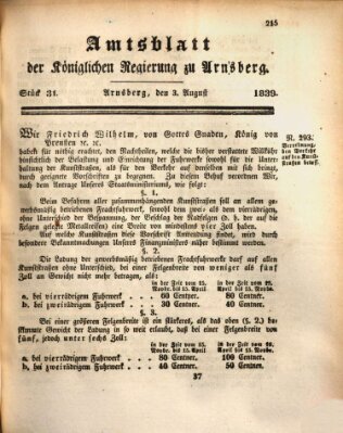 Amtsblatt für den Regierungsbezirk Arnsberg Samstag 3. August 1839