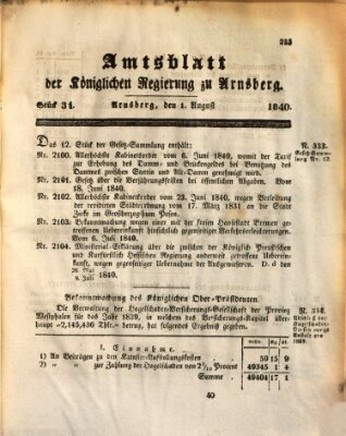 Amtsblatt für den Regierungsbezirk Arnsberg Samstag 1. August 1840