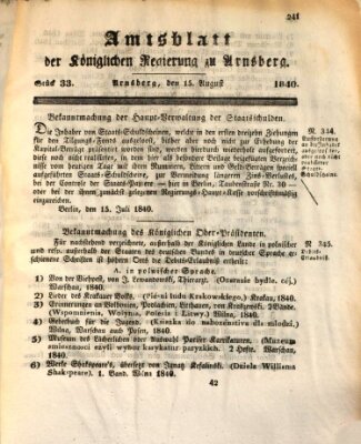Amtsblatt für den Regierungsbezirk Arnsberg Samstag 15. August 1840