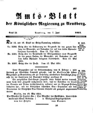 Amtsblatt für den Regierungsbezirk Arnsberg Samstag 7. Juni 1851