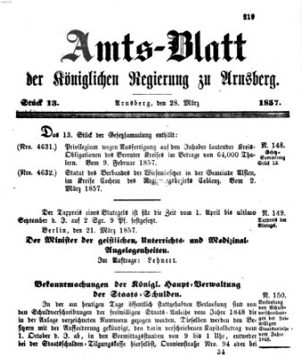 Amtsblatt für den Regierungsbezirk Arnsberg Samstag 28. März 1857