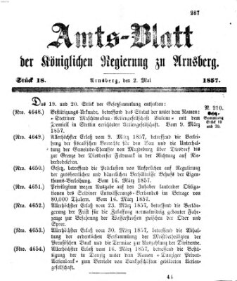 Amtsblatt für den Regierungsbezirk Arnsberg Samstag 2. Mai 1857