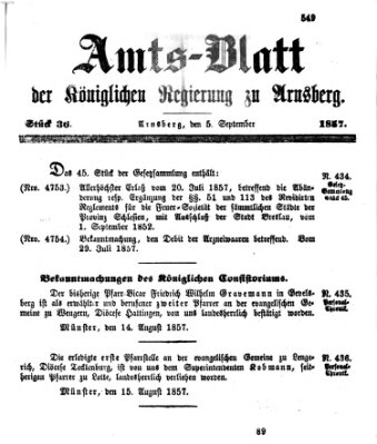 Amtsblatt für den Regierungsbezirk Arnsberg Samstag 5. September 1857