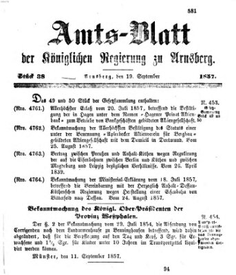 Amtsblatt für den Regierungsbezirk Arnsberg Samstag 19. September 1857