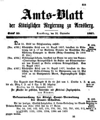 Amtsblatt für den Regierungsbezirk Arnsberg Samstag 26. September 1857