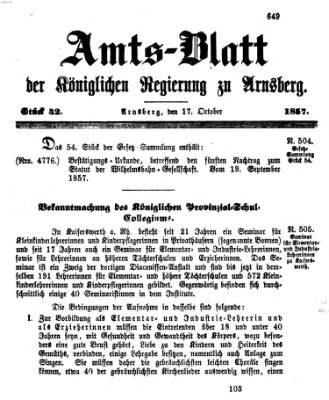 Amtsblatt für den Regierungsbezirk Arnsberg Samstag 17. Oktober 1857