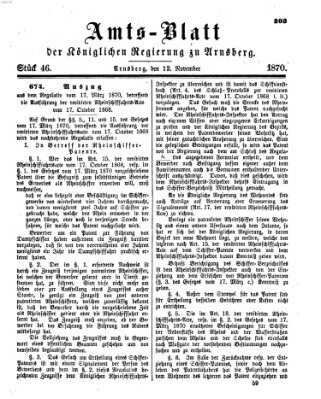 Amtsblatt für den Regierungsbezirk Arnsberg Samstag 12. November 1870