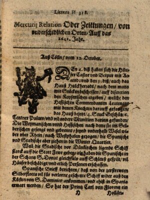 Mercurij Relation oder Zeittungen, von underschidlichen Orten (Süddeutsche Presse) Sonntag 12. Oktober 1642
