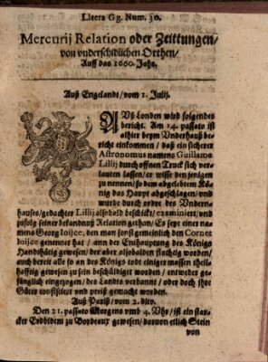 Mercurij Relation oder Zeittungen, von underschidlichen Orten (Süddeutsche Presse) Donnerstag 1. Juli 1660