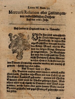 Mercurij Relation oder Zeittungen, von underschidlichen Orten (Süddeutsche Presse) Dienstag 22. November 1661
