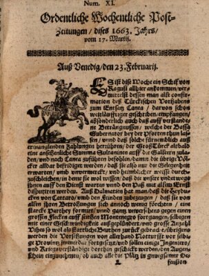 Ordentliche wochentliche Post-Zeitungen Samstag 17. März 1663