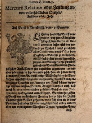 Mercurij Relation oder Zeittungen, von underschidlichen Orten (Süddeutsche Presse) Freitag 15. Dezember 1662