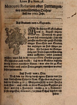 Mercurij Relation oder Zeittungen, von underschidlichen Orten (Süddeutsche Presse) Freitag 1. September 1662