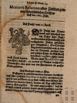 Mercurij Relation oder Zeittungen, von underschidlichen Orten (Süddeutsche Presse) Freitag 20. April 1663