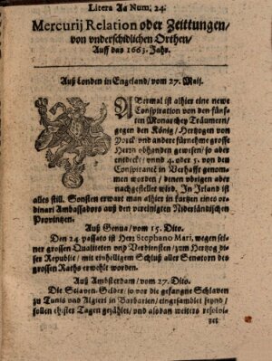 Mercurij Relation oder Zeittungen, von underschidlichen Orten (Süddeutsche Presse) Sonntag 27. Mai 1663