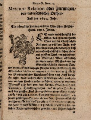 Mercurij Relation oder Zeittungen, von underschidlichen Orten (Süddeutsche Presse) Montag 1. Januar 1674