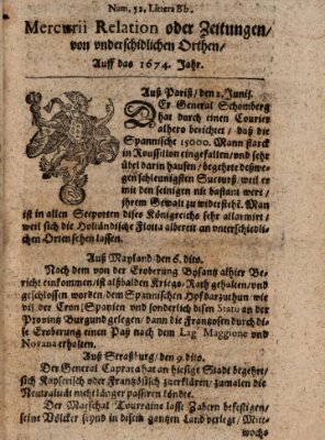 Mercurij Relation oder Zeittungen, von underschidlichen Orten (Süddeutsche Presse) Samstag 2. Juni 1674