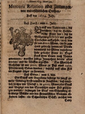Mercurij Relation oder Zeittungen, von underschidlichen Orten (Süddeutsche Presse) Samstag 7. Juli 1674