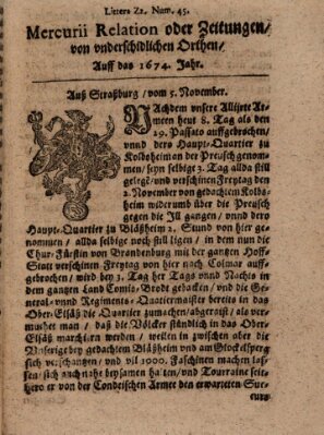 Mercurij Relation oder Zeittungen, von underschidlichen Orten (Süddeutsche Presse) Montag 5. November 1674