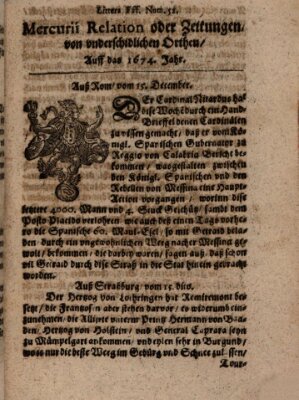 Mercurij Relation oder Zeittungen, von underschidlichen Orten (Süddeutsche Presse) Samstag 15. Dezember 1674
