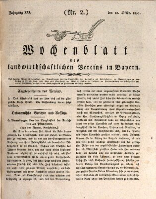 Wochenblatt des Landwirtschaftlichen Vereins in Bayern Dienstag 12. Oktober 1830