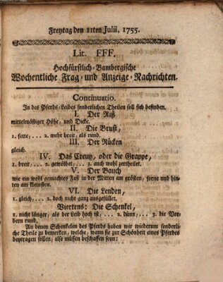 Hochfürstlich-Bambergische wochentliche Frag- und Anzeigenachrichten Freitag 11. Juli 1755